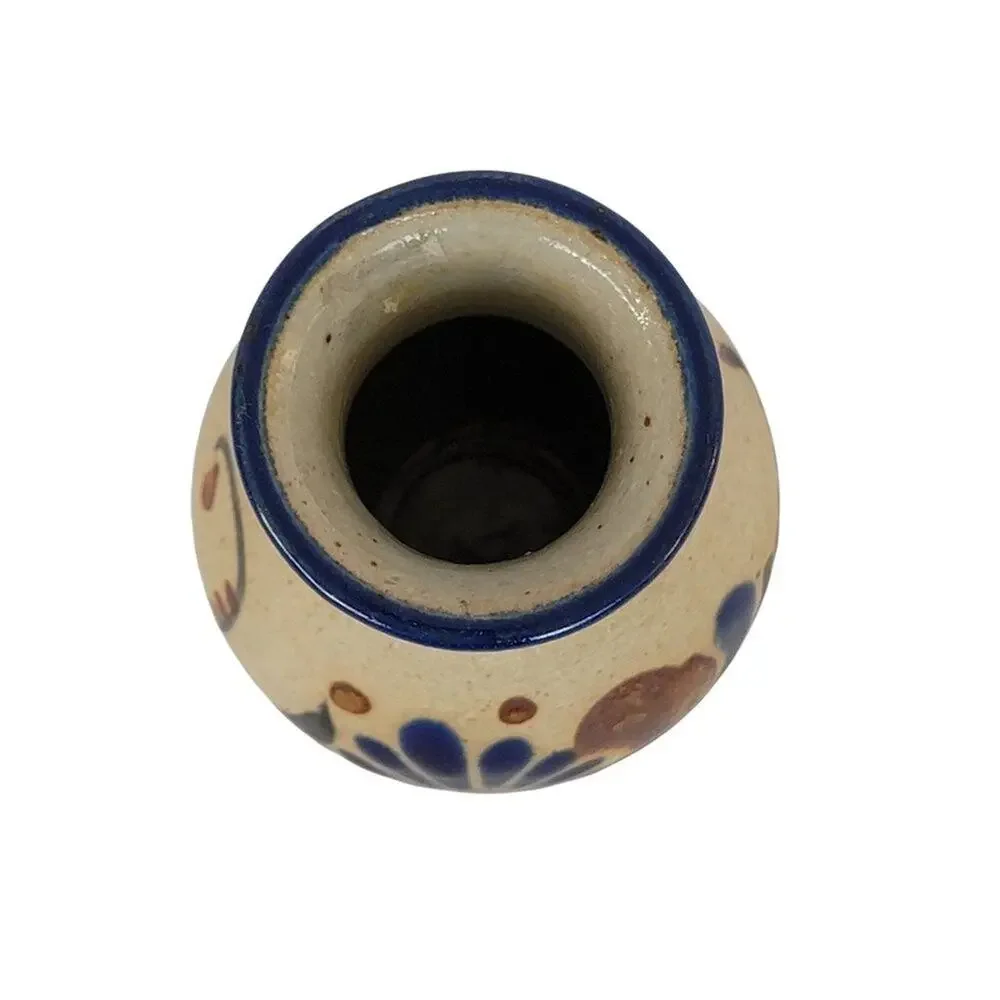 Mexican Tonala Pottery Hand Painted Vase Small Floral Folk Art Blue Cream Mexico